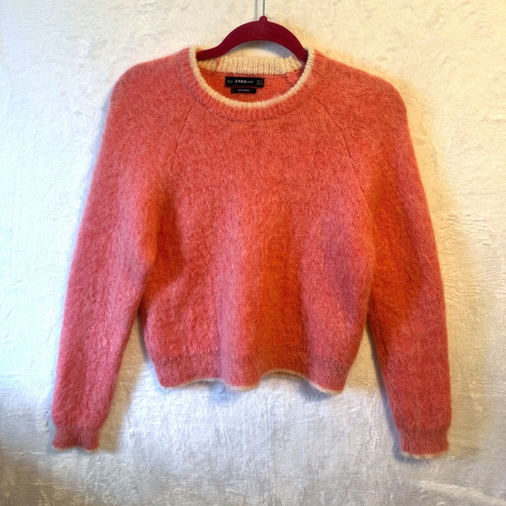 Zara Knit Sweater Mohair Wool Blend Small Coral Pink Womens Fuzzy Pullover